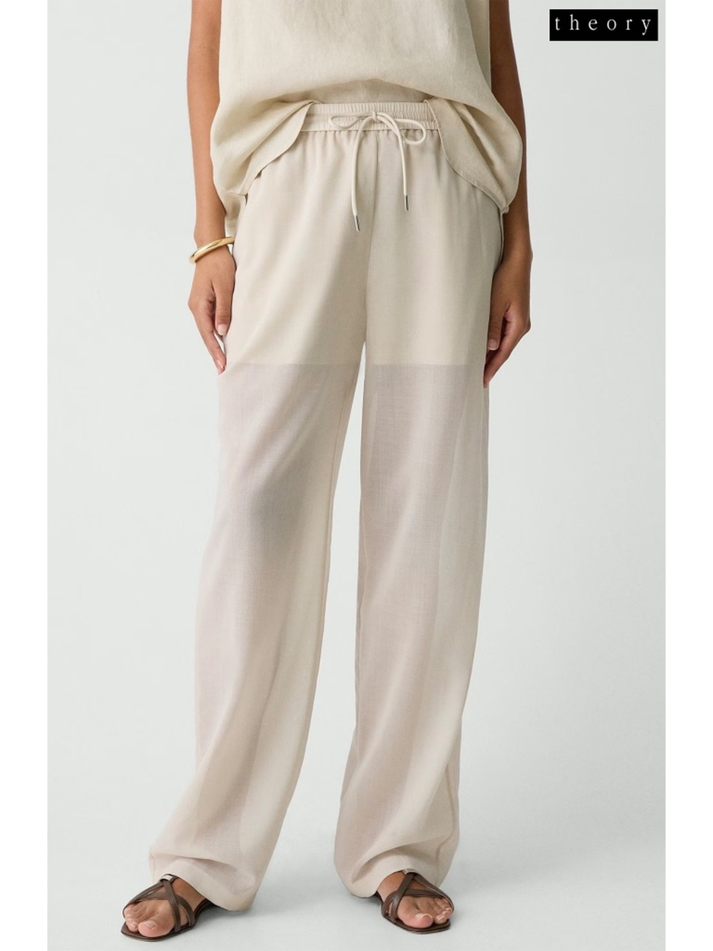 THEORY NWT WOOL BLEND AIRY SHIRTING SAND DRAWCORD PULL-ON WIDE LEG PANTS. SIZE M